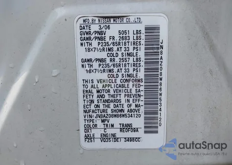 2006 Nissan Murano Sl из США, поврежденный, VIN JN8AZ08W86W534120